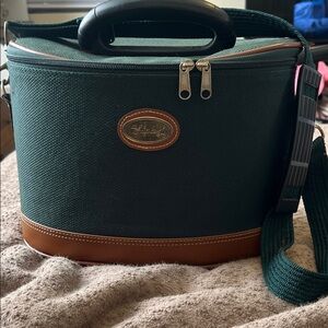 Vintage Forest Green Canvas & Faux Leather Vanity Train Case